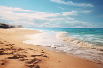 Fototapeta na wymiar Sandy beach and waves. Turquoise water, summer landscape