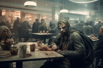 Zombie in a cafe. Horror. Halloween. Horror movie. customer in a busy food court in a high-crime area, waiting for their food to be picked up, AI Generated