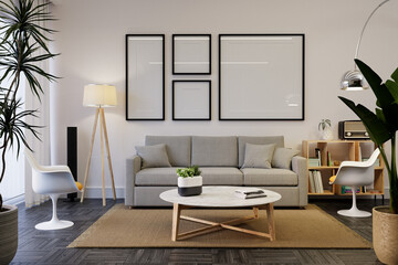 Frame mockup in contemporary minimalist living room interior, 3d render