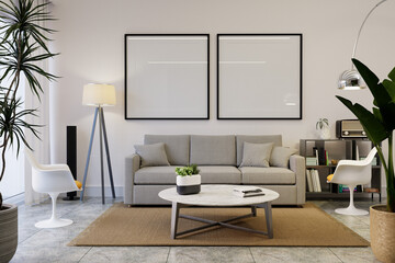 Fototapeta na wymiar Frame mockup in contemporary minimalist living room interior, 3d render