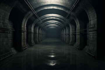 Eerie WWII reinforced concrete tunnel transformed into a haunting forgotten space. Dark. 3D render. Generative AI