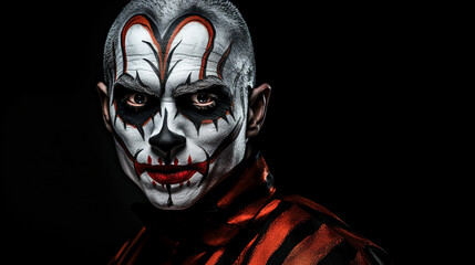 A Man with Halloween Face Paint Poses Against a Black, Matte Background - Halloween and Day of the Dead Concept with Copy Space