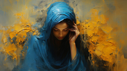 Golden backdrop, a woman in blue, melancholy's touch, emotions true.