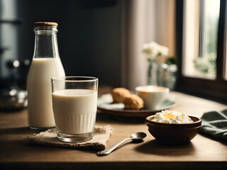 top view of cup of milk near bottle of milk and spoon on the kitchen table