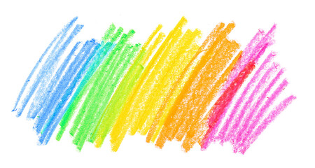 Photo grunge hand drawn colorful scribble wax pastel, rainbow crayon isolated on white, clipping...