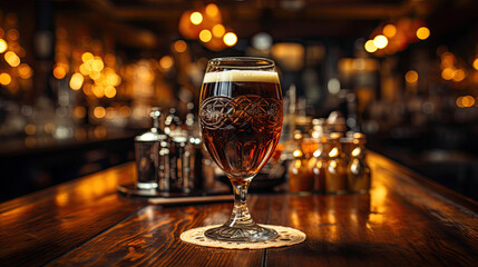 Glass of dark beer on the wooden table. Blurred pub interior at the background. - obrazy, fototapety, plakaty