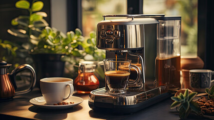 Modern coffee machine with cup on counter in kitchen. Summer background in window.