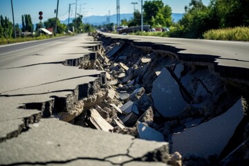 Treacherous Cracks road after earthquake. Damage asphalt. Generate Ai