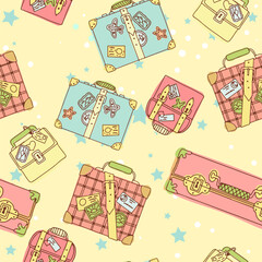 Pattern of bright suitcases for travel. Hand luggage. Bag. Entertainment, moving to another country. Vector illustration seamless pattern