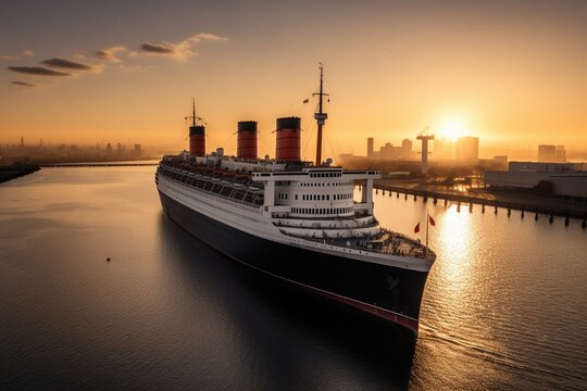 The iconic Queen Mary ship during a captivating sunrise in Long Beach, California in November 2022. Generative AI
