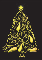 Abstract hand drawn glowing Christmas tree. Vector. Illustration of a decorative golden plastic Christmas tree with an aura on a star.