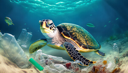 Obraz premium Turtle in the middle of plastic. Rubbish in the sea. Danger for the environment and animals. AI generative.