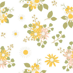 Beautiful vintage floral seamless pattern with chamomiles on white background.