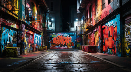 Street with graffiti painted along the wall, in the style of night photography, new york city scenes - obrazy, fototapety, plakaty