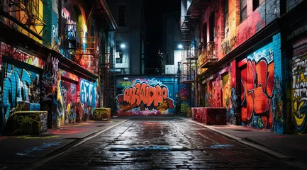 Fotobehang Street with graffiti painted along the wall, in the style of night photography, new york city scenes © Annette