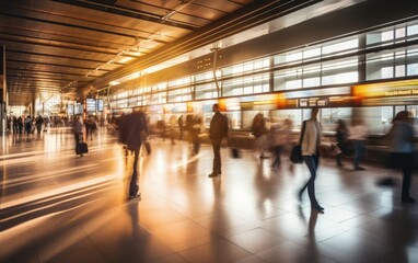 Fototapeta premium A bustling airport terminal scene with blurred travellers with baggage in motion. Generative AI