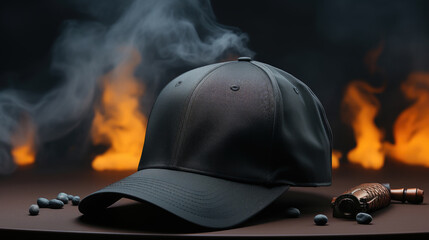 Black snapback on dark smoke background. Blank baseball snap back cap for your design. Mock up hat cap for you logo, brand identity etc.