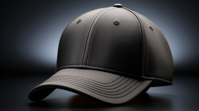 Black snapback on dark background. Blank baseball snap back cap for your design. Mock up hat cap for you logo, brand identity etc.