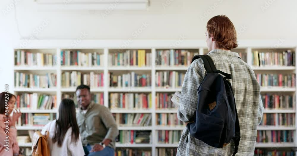 Poster people, students walking or man in library for education, knowledge or study group for college proje