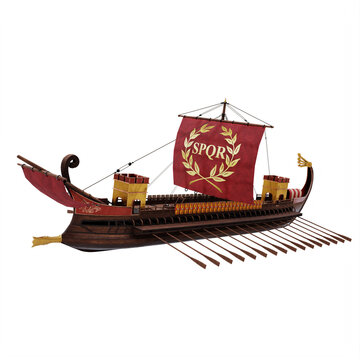 roman warship red sail wooden boat