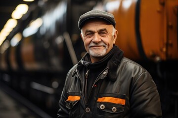 Train driver outdoor portrait. Elderly bearded European man stands in front of a cargo train