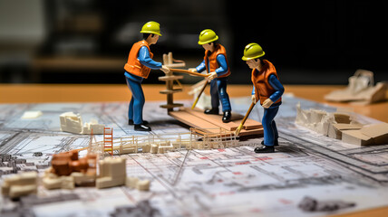 team planning of a construction project, miniature figures of construction workers against the background of construction plans. Generative AI