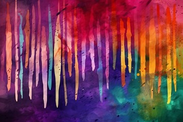 Vibrant watercolor pattern with rainbow brush stripes on dark violet background and grunge collage. Generative AI