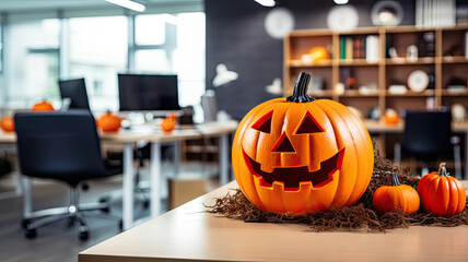 Festive Halloween pumpkin on the desk in the office, open space in the background