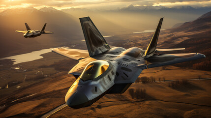 A Lockheed Martin F-35 Fighter Jet Sqadron in Formation - generative AI. - obrazy, fototapety, plakaty