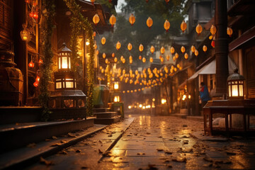 A street adorned with sparkling fairy lights and lanterns, embracing the spirit of Diwali....