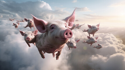 Jovial Pigs Taking Flight Amongst the Clouds, Turning the Cultural Saying 'When Pigs Fly' into Reality. Generative AI. - obrazy, fototapety, plakaty