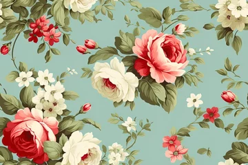 Deurstickers classic wallpaper vintage flower pattern on green background © W&S Stock