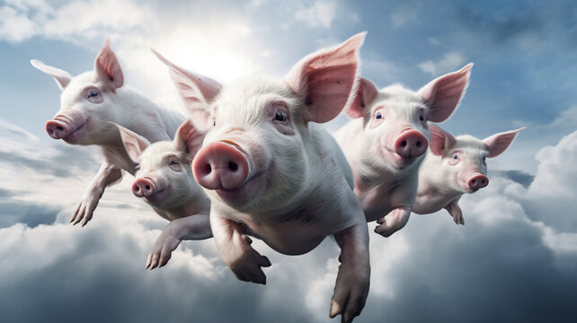 Joyful Pigs Soaring Through the Clear Blue Sky and Fluffy Clouds - A Literal Take on 'When Pigs Fly'. Generative AI.