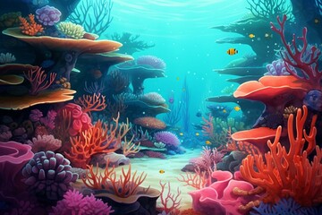 Fototapeta na wymiar Background with vibrant red coral reef, damsel fishes, and corals. Generative AI