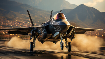 Fototapeta premium A Lockheed Martin F-35 Fighter Jet takes off of a runway - generative AI.