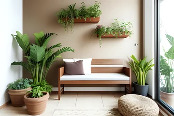 Fotobehang Aesthetic composition of living room interior with copy space, wooden bench, plants and brown wall. Stylish living room © indofootage