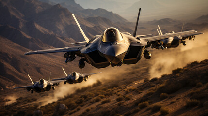 A Lockheed Martin F-35 Fighter Jet Sqadron in Formation - generative AI. - obrazy, fototapety, plakaty