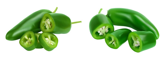jalapeno peppers isolated on white background. Green chili pepper with full depth of field.