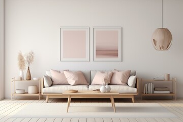 Minimalistic Nordic-inspired living space with a sleek couch and coffee table. White walls as a backdrop with soft pastel tones. 3D rendering. Generative AI