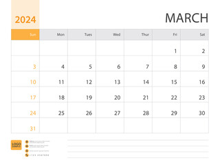 Monthly calendar template for 2024 year, March design, Planner, Desk calendar 2024 design, Week Starts on Sunday, Wall calendar 2024 design in a minimalist style, printing media, vector eps10