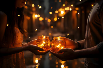 Hands of young couple holding flaming diya lamp on festive gold glowing bokeh background. Diwali Hindu festival of lights celebration. - Powered by Adobe