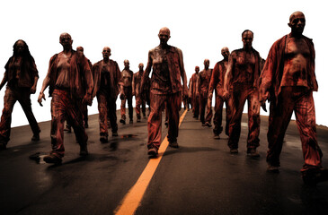 group of zombies. horde of living dead zombies. transparent PNG background. walking down a highway.