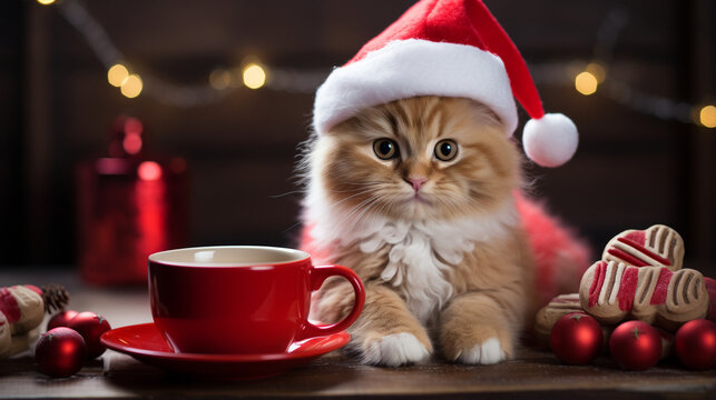 In a cozy Christmas setting, an adorable kitten dons a festive Santa hat, its eyes wide with wonder. Close-up, it snuggles close to a red mug filled with hot chocolate, steam risin