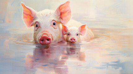 Pink porcine family, tender and sweet. Mama guards, while babe finds its feet. Oink-tastic duo, a farmyard delight, nature's kin in transparent light. - obrazy, fototapety, plakaty