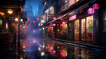 Rain-kissed streets of an old Japanese town, awash in neon luminescence. Empty urban lanes glisten,...