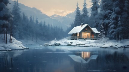  a painting of a cabin by a lake with snow on the ground.  generative ai - obrazy, fototapety, plakaty