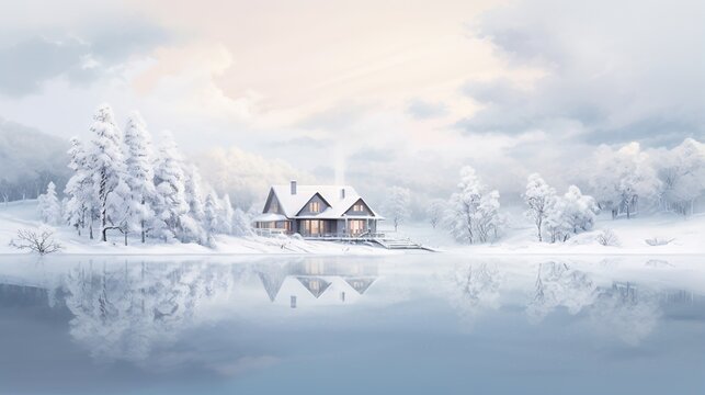  a painting of a house on a lake with snow on the ground.  generative ai