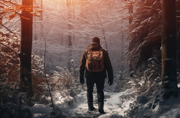 man traveler with backpack walking in winter forest at nature, backpacker at journey concept