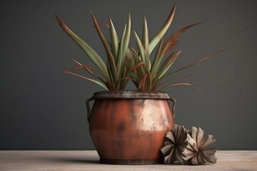 3D illustration of yucca plant in a rusty pot. Generative AI