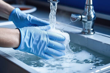 Hands in blue gloves in a sink with soapy water.